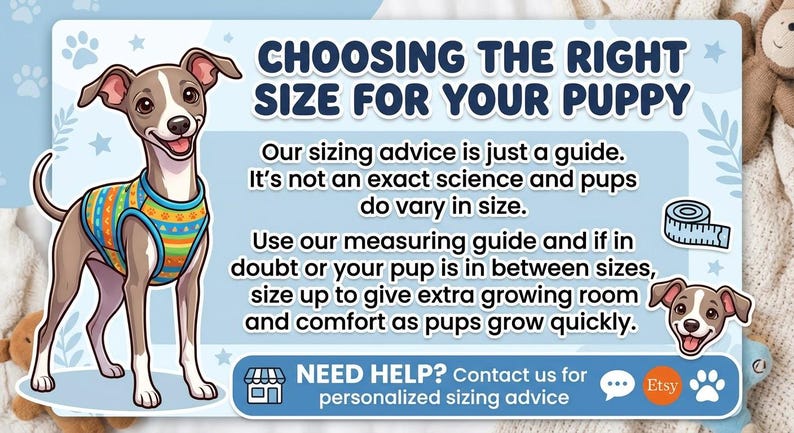 K&ouml;nnte beinhalten: Eine informative Grafik mit dem Titel CHOOSING THE RIGHT SIZE FOR YOUR PUPPY, die eine Illustration eines grau-wei&szlig;en Hundes in einem bunten Pullover, ein Ma&szlig;band-Symbol und Text zur Gr&ouml;&szlig;enbestimmung von Welpenkleidung enth&auml;lt.