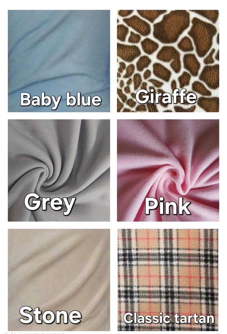 K&ouml;nnte beinhalten: Ein Raster aus sechs Stoffmustern mit verschiedenen Farben und Mustern. Die Muster umfassen einfarbiges Babyblau, einen braun-wei&szlig;en Giraffendruck, einfarbiges Grau, einfarbiges Rosa, einfarbiges Steingrau und ein klassisches Tartanmuster in Beige, Schwarz und Rot.