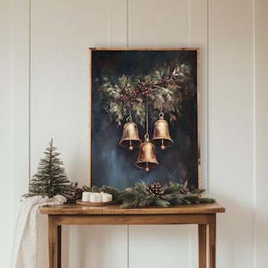 Vintage Christmas Bells Print, Framed Canvas Christmas Wall Art, Dark Festive Print, Moody Christmas Decor,Dark Christmas Print