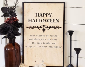 Wood Halloween Signs, Happy Halloween Sign, Book Page Sign, When Witches Go Riding Sign, Vintage Halloween Decor, Rustic Halloween Decor