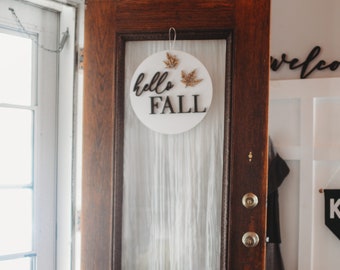Modern Fall Door Hanger, Fall Door Decor, Hello Fall Wood Round With Leaves, Front Door Decor For Fall, Hello Pumpkin Sign