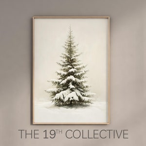 Vintage Oil inspired print of a christmas tree with snow and soft twinkling lights.