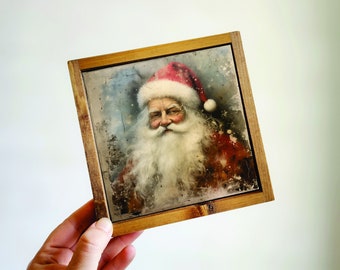 Vintage Santa Claus, Santa Print, Christmas Prints, Christmas Wood Sign, Small Framed Christmas Sign, Framed Wood Sign, Tiered Tray Decor