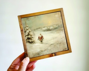 Paysage d'hiver avec le père Noël, impression père Noël, impressions de Noël vintage, enseigne en bois de Noël, petite enseigne de Noël encadrée, enseigne en bois encadrée