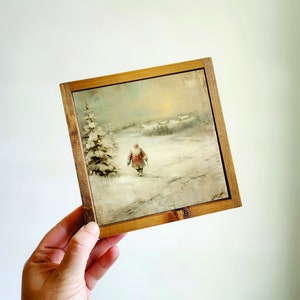 Winter Landscape With Santa, Santa Print, Vintage Christmas Prints, Christmas Wood Sign, Small Framed Christmas Sign, Framed Wood Sign image 1