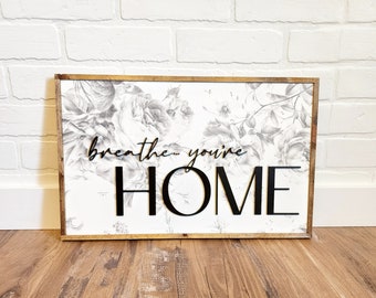 Breathe Wood Sign, Home Sweet Home Decor, Floral Wood Sign, Housewarming Gift, New Home Gift, Realtor Gift, Framed Wood Sign, Entryway Décor