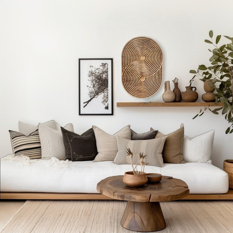 Mid century modern wood wall art, Oval shaped geometric pattern.