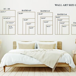 May include: A wall art size guide with different ratios and sizes listed in inches. The guide shows the dimensions of various sizes of wall art, including 24x30, 20x30, 18x24, 16x20, 15x20, 12x18, 12x16, 11x14, 9x12, 8x12, 8x10, 16x24, 12x15, and 11.7x16.5 inches.
