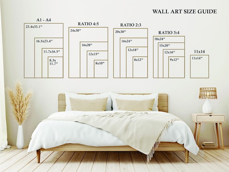 May include: A wall art size guide with different ratios and sizes listed in inches. The guide shows the dimensions of various sizes of wall art, including 24x30, 20x30, 18x24, 16x20, 15x20, 12x18, 12x16, 11x14, 9x12, 8x12, 8x10, 16x24, 12x15, and 11.7x16.5 inches.