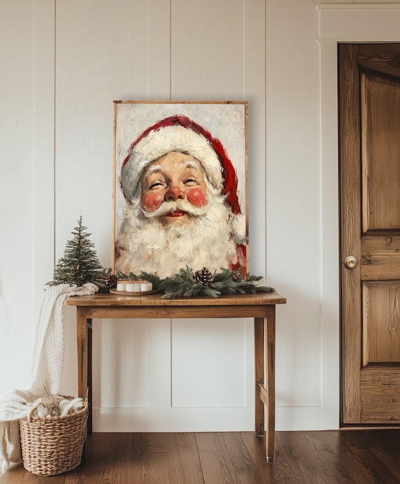 Santa Print On Canvas, Santa Wall Art, Christmas Wall Art, Vintage Oil Print, Framed Canvas Print, Santa Claus Portrait, Red Christmas Decor