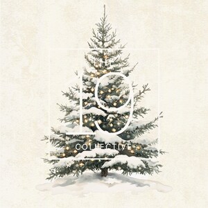 May include: A watercolor painting of a snow-covered Christmas tree with white lights. The tree is surrounded by snow and the text "The 19 Collective" is written in white on a white rectangle.