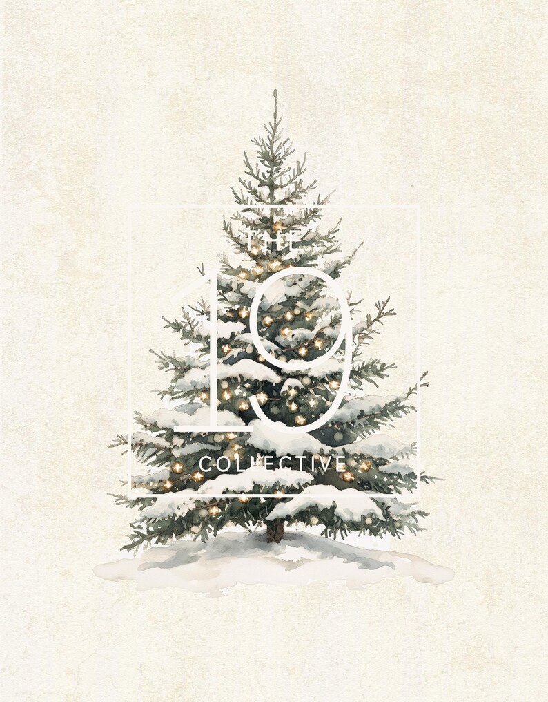 May include: A watercolor painting of a snow-covered Christmas tree with white lights. The tree is surrounded by snow and the text "The 19 Collective" is written in white on a white rectangle.
