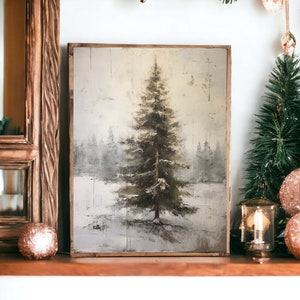 Impresión en lienzo de árbol de hoja perenne vintage: arte de paisaje invernal enmarcado