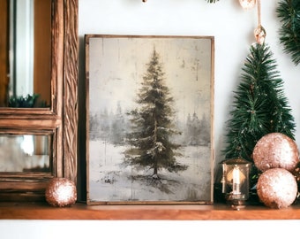 Impresión de árbol de hoja perenne vintage, impresión de lienzo enmarcado, arte de la pared de Navidad, decoración de repisa de Navidad, signo de Navidad, arte enmarcado, paisaje de invierno