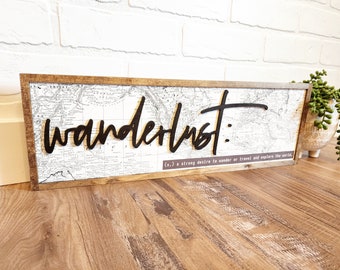 Wanderlust Sign, Travel Wall Art, Travel Themed Decor, Map Sign, Gift For Traveler, Travel Gift, Nursery Wall Art, RV Decor, Camper Decor