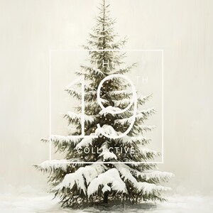 May include: A snowy Christmas tree with white lights and the text "THE 19TH COLLECTIVE" on a white background.