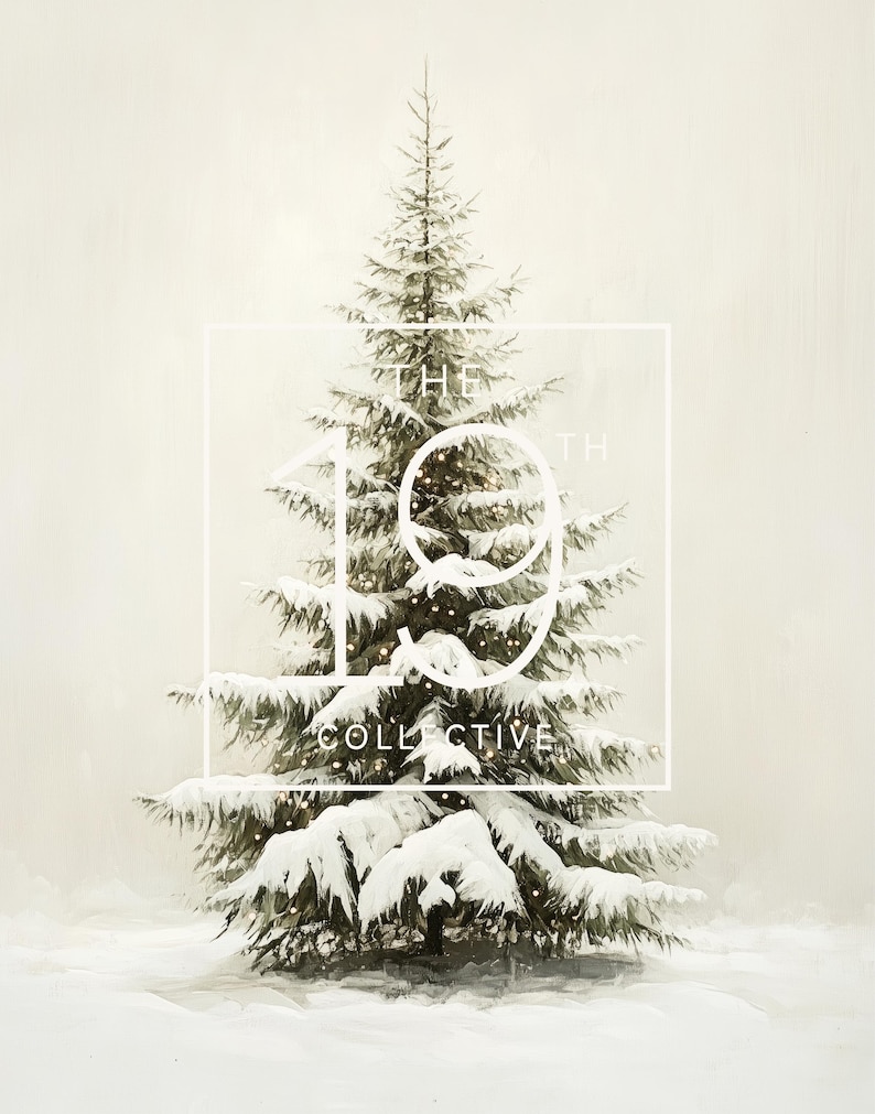 May include: A snowy Christmas tree with white lights and the text "THE 19TH COLLECTIVE" on a white background.