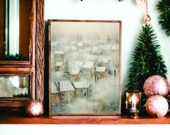 Arte de la pared del lienzo de Navidad, impresión de invierno nevado, impresión de lienzo enmarcado, arte de la pared de Navidad, decoración de la chimenea de Navidad, arte enmarcado, paisaje de invierno