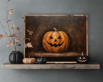 Decoración de calabazas, arte mural de Halloween, impresión de Jack-O-Lantern, impresión de pintura al óleo vintage, Dark Academia, arte mural melancólico, estética vintage