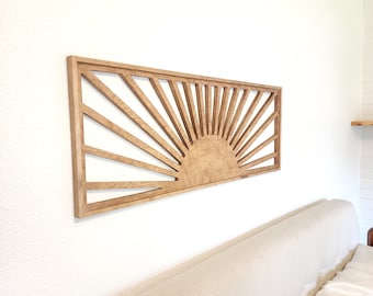 Arte de la pared del sol boho, arte minimalista de la pared, arte de la pared de madera, decoración del sol, decoración sobre la cama, arte de la pared boho, arte de la pared del sol, decoración de la playa, amanecer