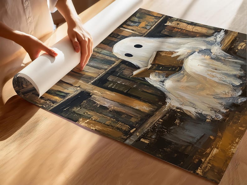 May include: A white ghost with a book in its hands, sitting in a library with shelves full of books. The books are painted in shades of brown, yellow, and green.