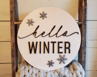 Hello Winter Door Sign, Wood Door Hanger For Winter, Winter Door Sign, Hello Winter Sign, Snowflake Door Hanger
