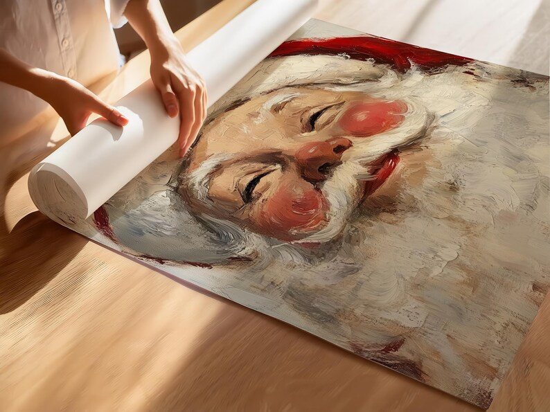 Puede incluir: Un primer plano de una pintura de Santa Claus con los ojos cerrados. La pintura est&aacute; realizada en un estilo realista con un enfoque en los detalles de su rostro, incluyendo su barba, arrugas y mejillas sonrosadas.