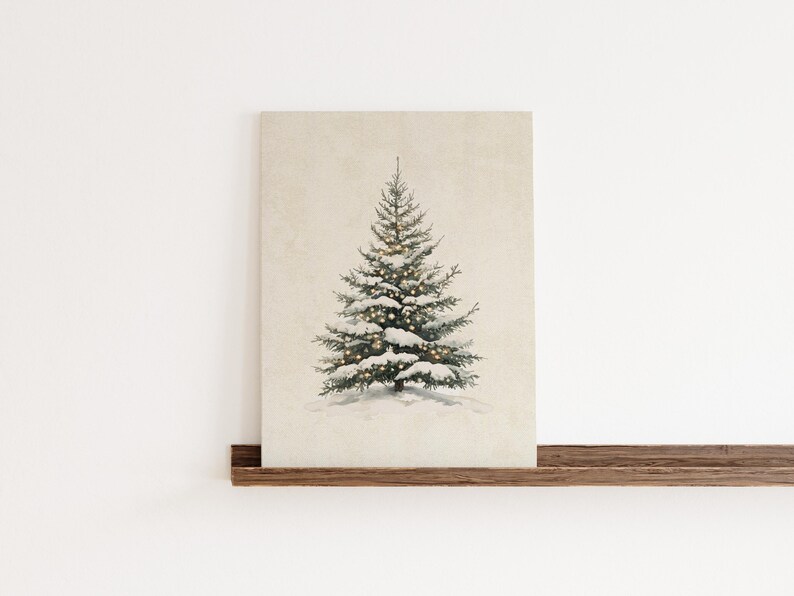 May include: A snowy evergreen tree with white snow and twinkling lights on a beige background.
