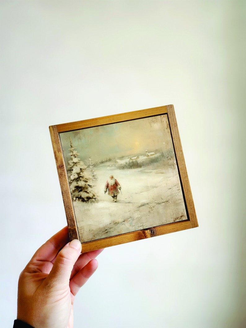 Winter Landscape With Santa, Santa Print, Vintage Christmas Prints, Christmas Wood Sign, Small Framed Christmas Sign, Framed Wood Sign image 1