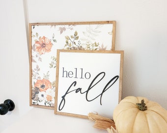 Handmade Fall Wood Sign Set: Floral Print, "Hello Fall" Layering Decor