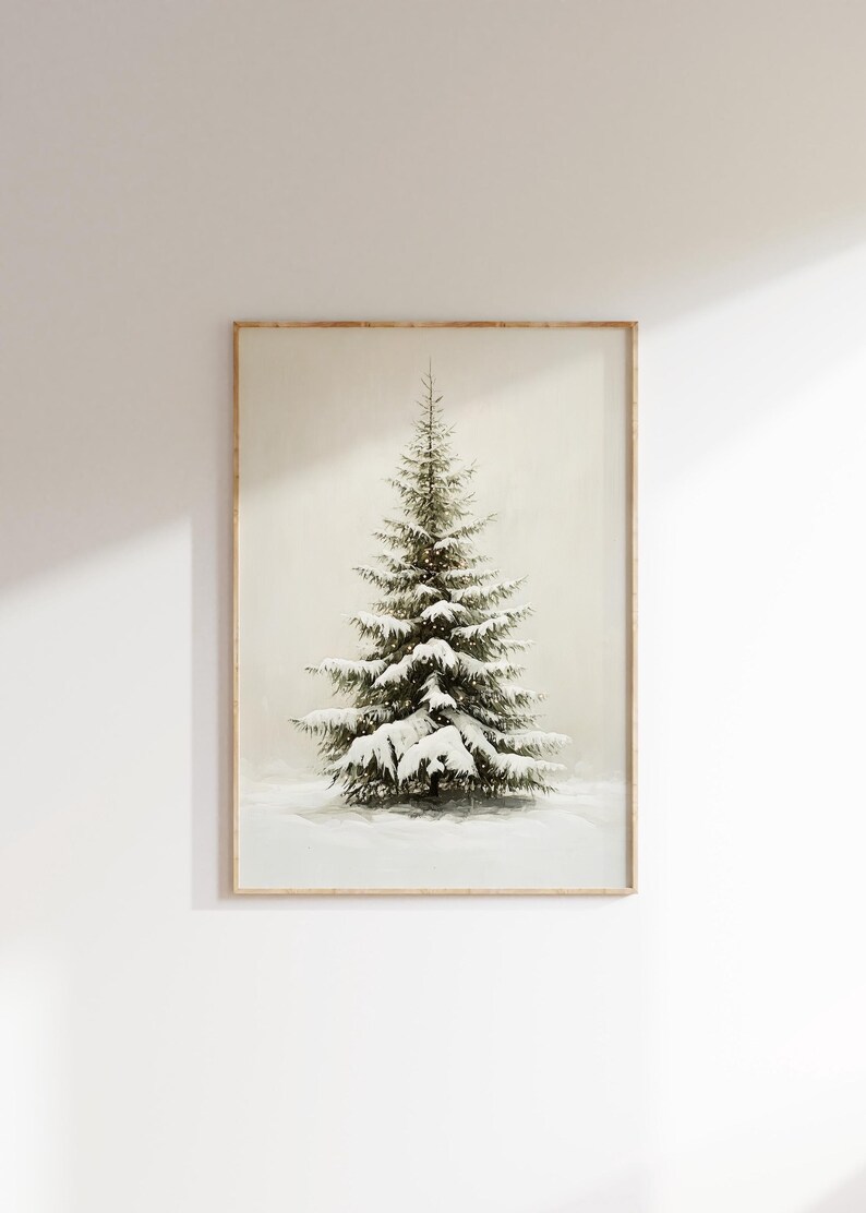 May include: A framed print of a snow-covered evergreen tree against a white background.