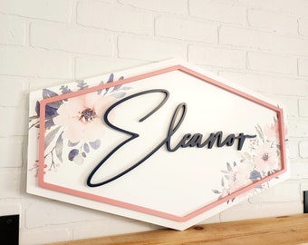 Floral Name Sign For Baby Girl, Girl Name Sign, Unique Name Sign, Wood Name Sign, Name Cutout, Nursery Name Sign, Pink Nursery
