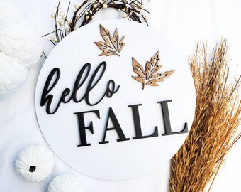Hello Fall Door Hanger, Fall Door Sign, Fall Porch Sign, Hello Fall Sign, 3D Wood Circle Sign, Fall Wreath For Front Door