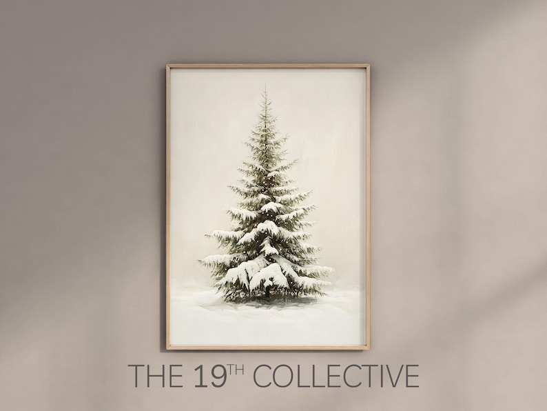 Vintage Oil inspired print of a christmas tree with snow and soft twinkling lights.