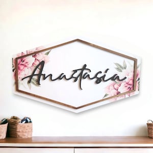 Nursery Name Sign For Girl, Wooden Name Sign, Baby Shower Gift, Floral Nursery Decor, Peony Nursery, Wood Name Signs, Girl Nursery Decor