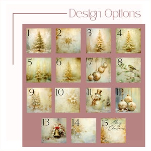 May include: A set of 15 Christmas-themed digital images, each featuring a different design. The designs include a snowman, a bell, a bird, ornaments, and various trees. The images are in a vintage style with a muted color palette.