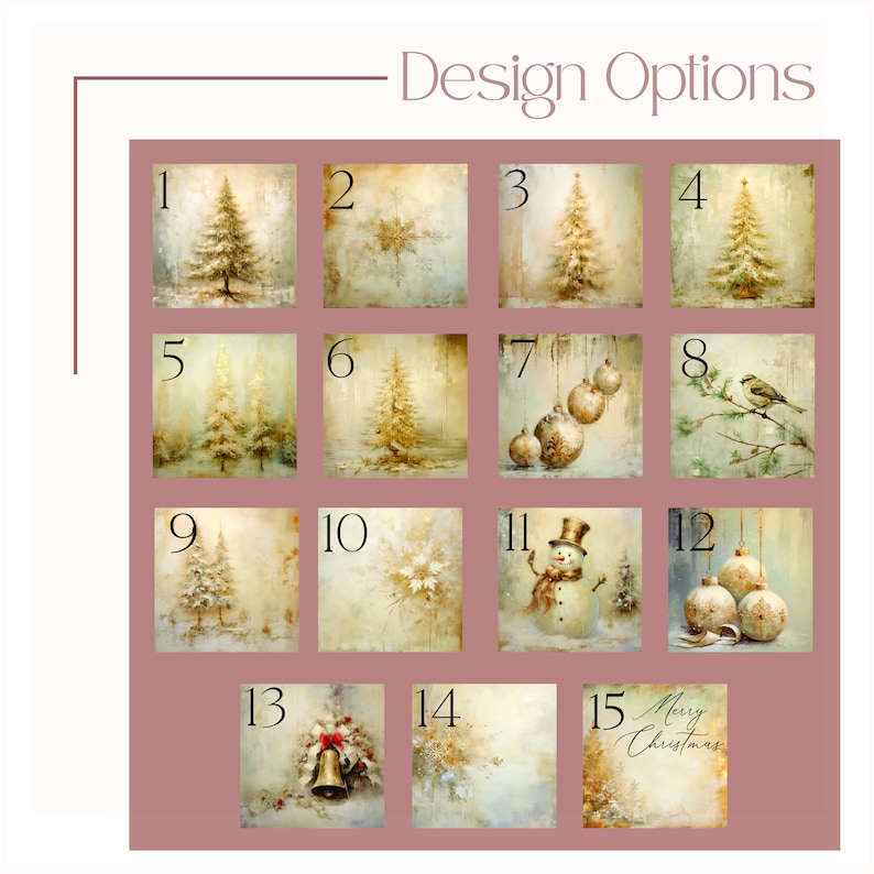 May include: A set of 15 Christmas-themed digital images, each featuring a different design. The designs include a snowman, a bell, a bird, ornaments, and various trees. The images are in a vintage style with a muted color palette.