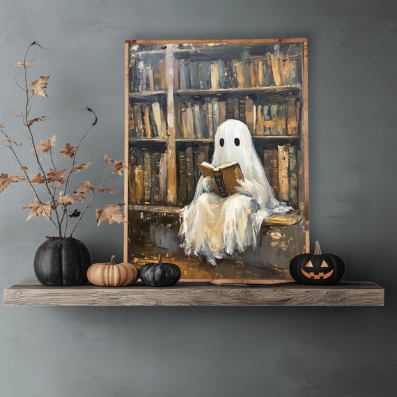 Cute Ghost In Library, Ghost Painting, Ghost Reading, Halloween Wall Art, Dark Academia Print, Whimsigoth Decor, Halloween Decor