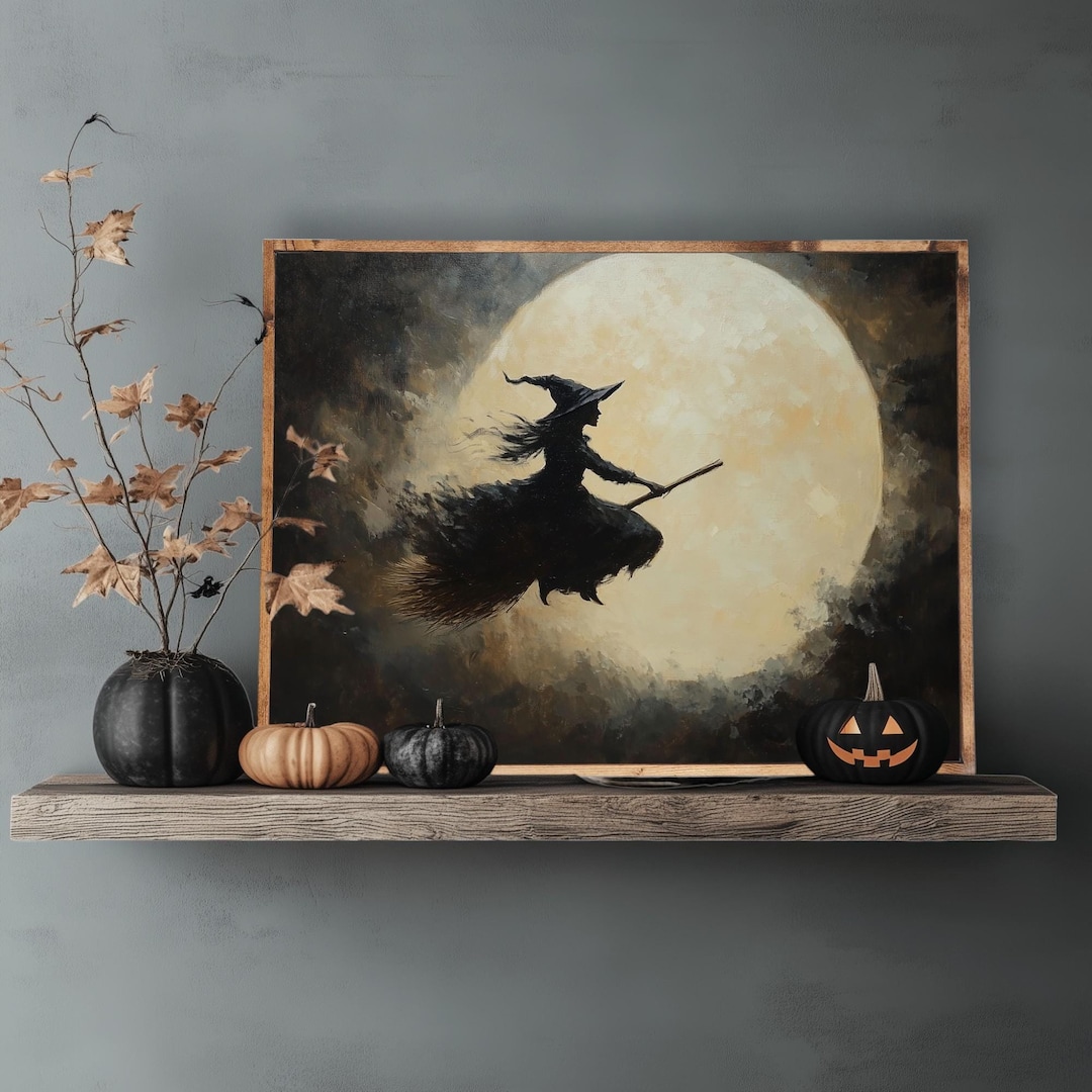 Witch Decor, Halloween Wall Art, Witch Flying Print, Vintage Oil ...