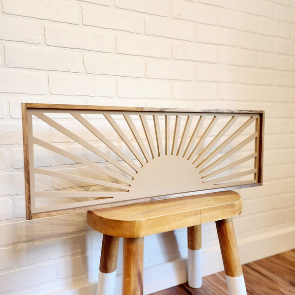 Boho Sun Wall Art: Framed Wood Sunrise Decor