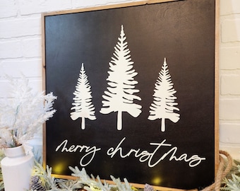 Merry Christmas Sign, Christmas Tree Sign, Christmas Mantel Sign, Neutral Christmas Decor, Modern Christmas Decor, Black Christmas Decor