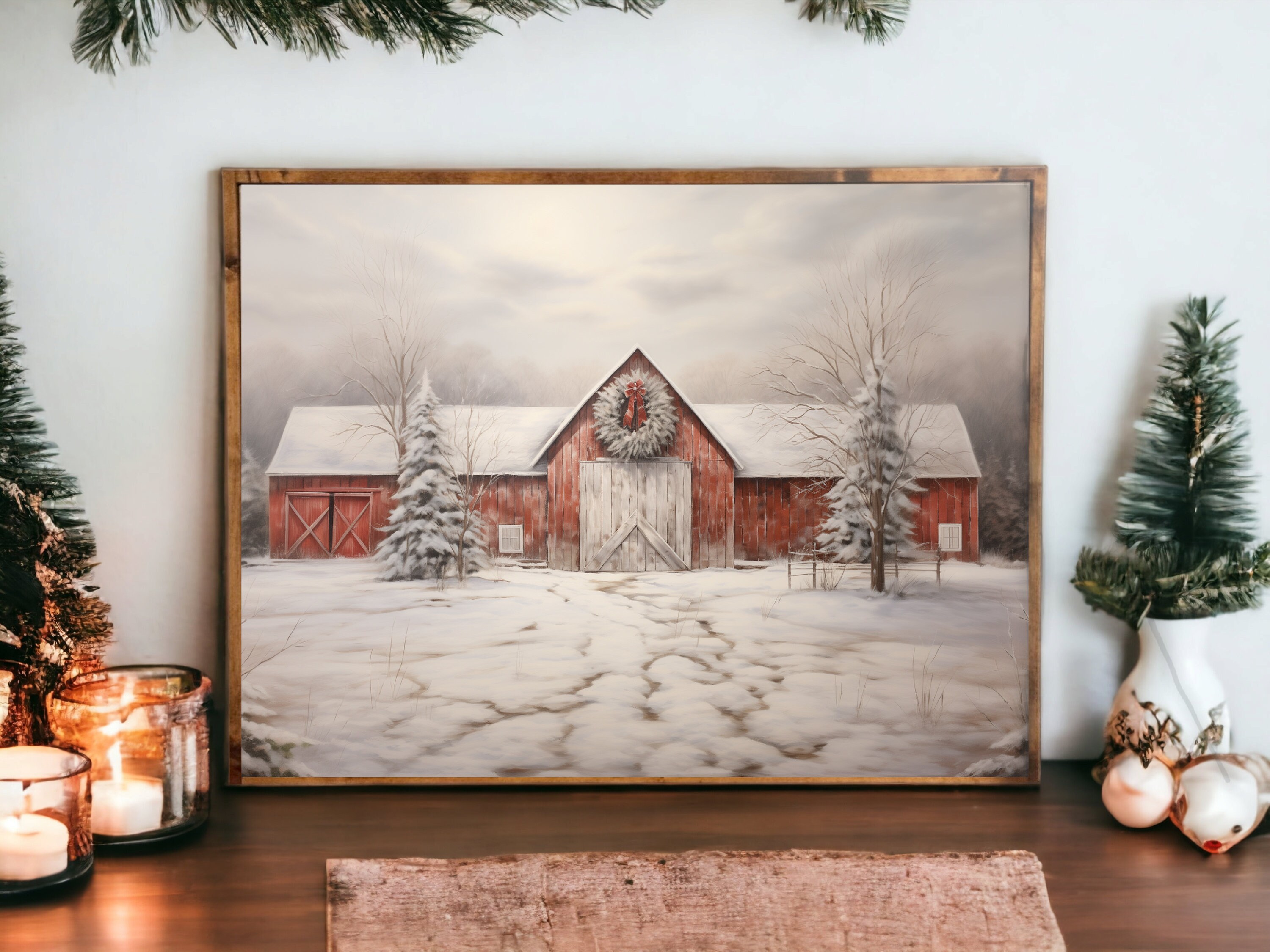 Red Christmas Barn Print, Oil Painting on Canvas, Framed Print ...