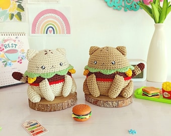 Cat burger amigurumi pattern / kawaii food amigurumi / crochet cat burger pattern / kawaii cat amigurumi / crochet cat pattern