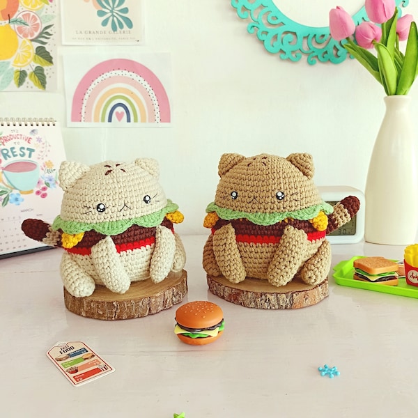 Cat burger amigurumi pattern / kawaii food amigurumi / crochet cat burger pattern / kawaii cat amigurumi / crochet cat pattern