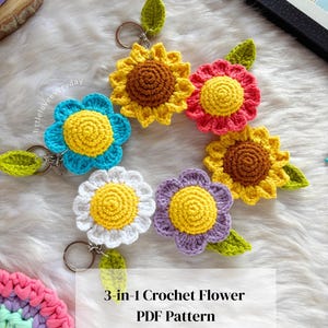 Paquete de patrones de llaveros de flores de ganchillo: Girasol, Margarita y Flor (PDF 3 en 1)