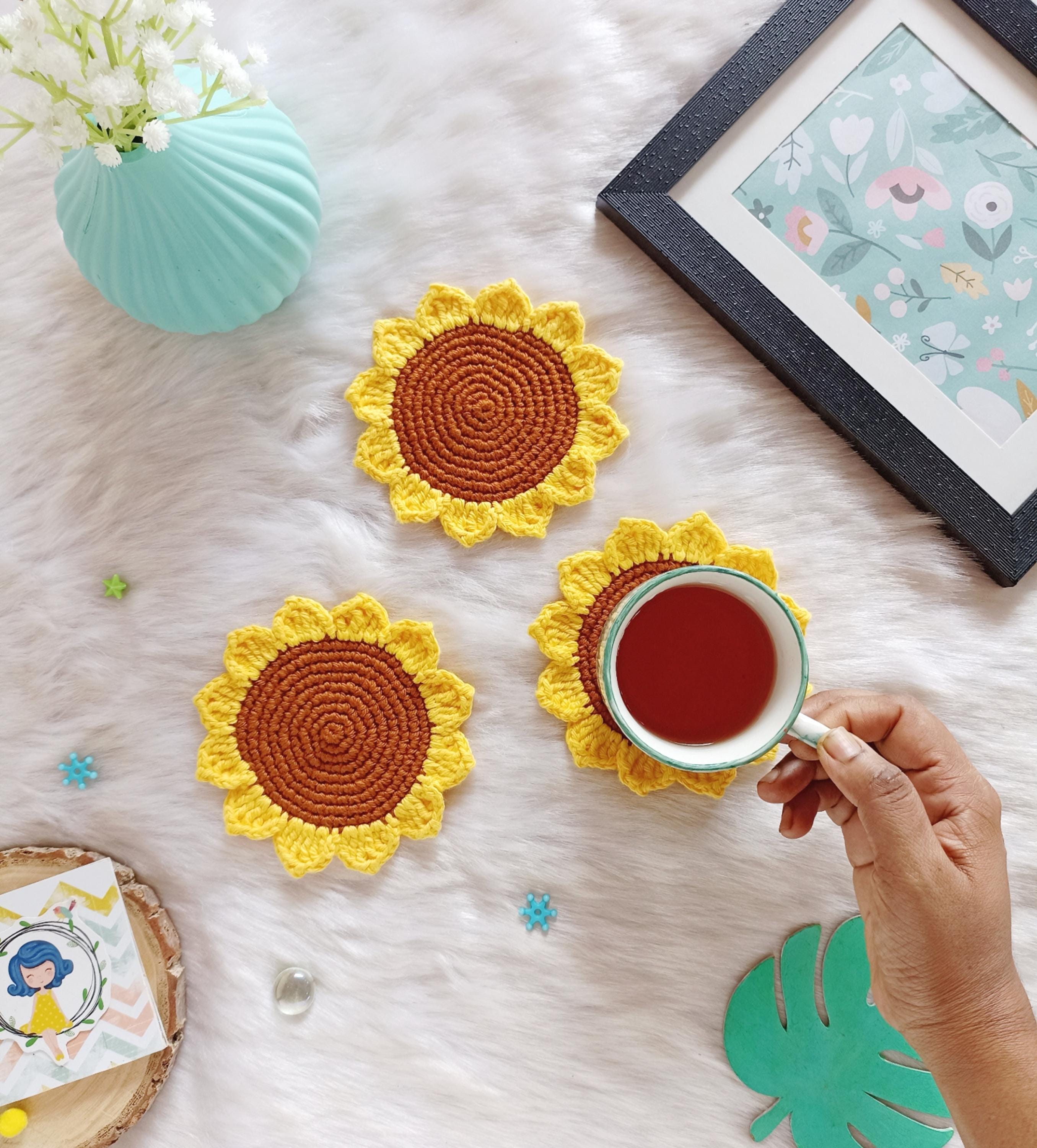 Crochet Sunflower Coaster Pattern: Easy US Terms (PDF) - Etsy