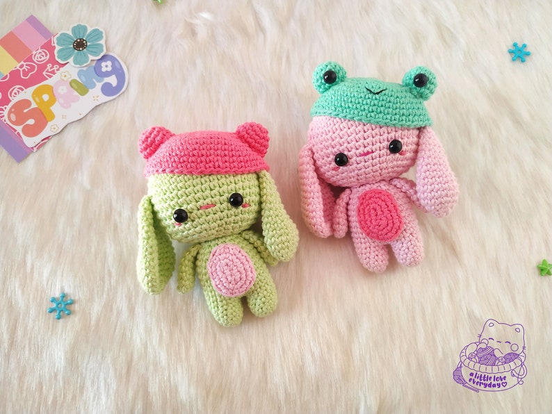 Spring bunny amigurumi pattern / easter bunny amigurumi / crochet bunny pattern / easter crochet / bunnny with frog hat image 1