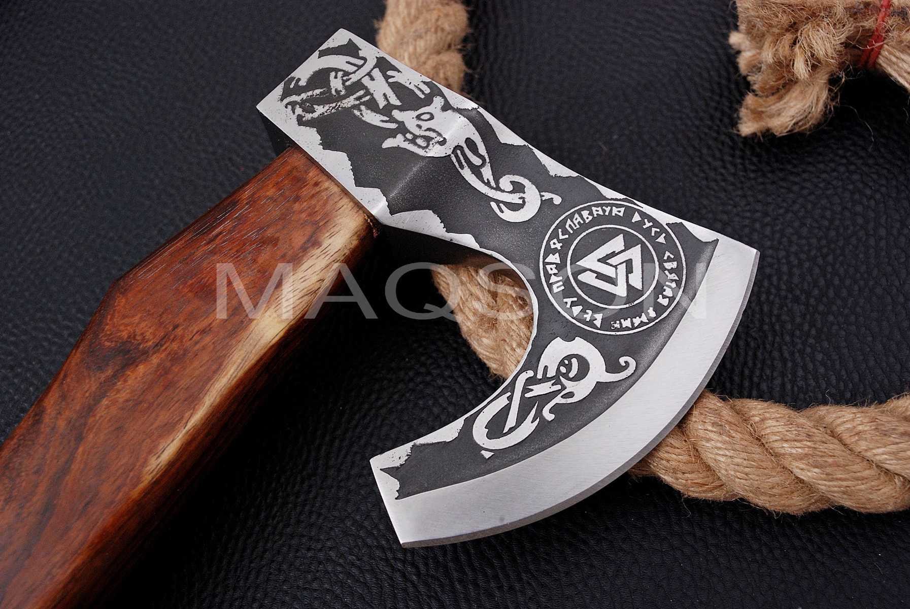 Hache Viking Corbeau + Couteau - Forgée Main 1095 Acier Carbone - Fourreau Inclus - CraftTal