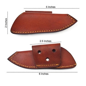 Puede incluir: Una funda de cuchillo de cuero marrón con un bucle para el cinturón. La funda mide 15,2 cm de largo, 5,1 cm de ancho y 6,4 cm de alto.