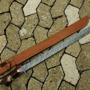 damascus sword with leather sheath (Staghorn & Wood-Handle)Custom Handmade 35 Inches Sword incredibly beautiful 2643B